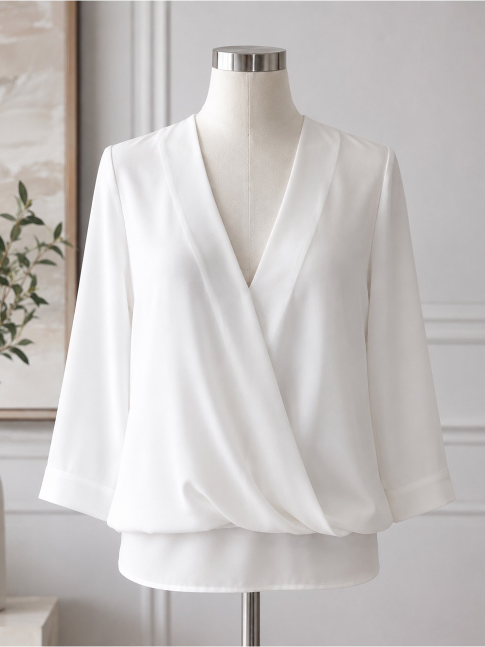 Cabi Indulge Blouse White V Neck 3/4 leeve Chiffon Ponte Stretch 5539 Women's S